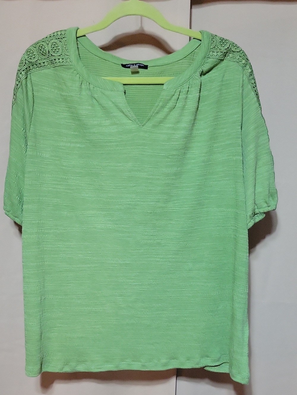 Cable & Gauge Light Green Short Sleeve Top with Crochet Shoulders